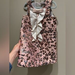 Hucklebones girls Pink Floral metallic party Dress with Bow sz 4 brocade jaquard